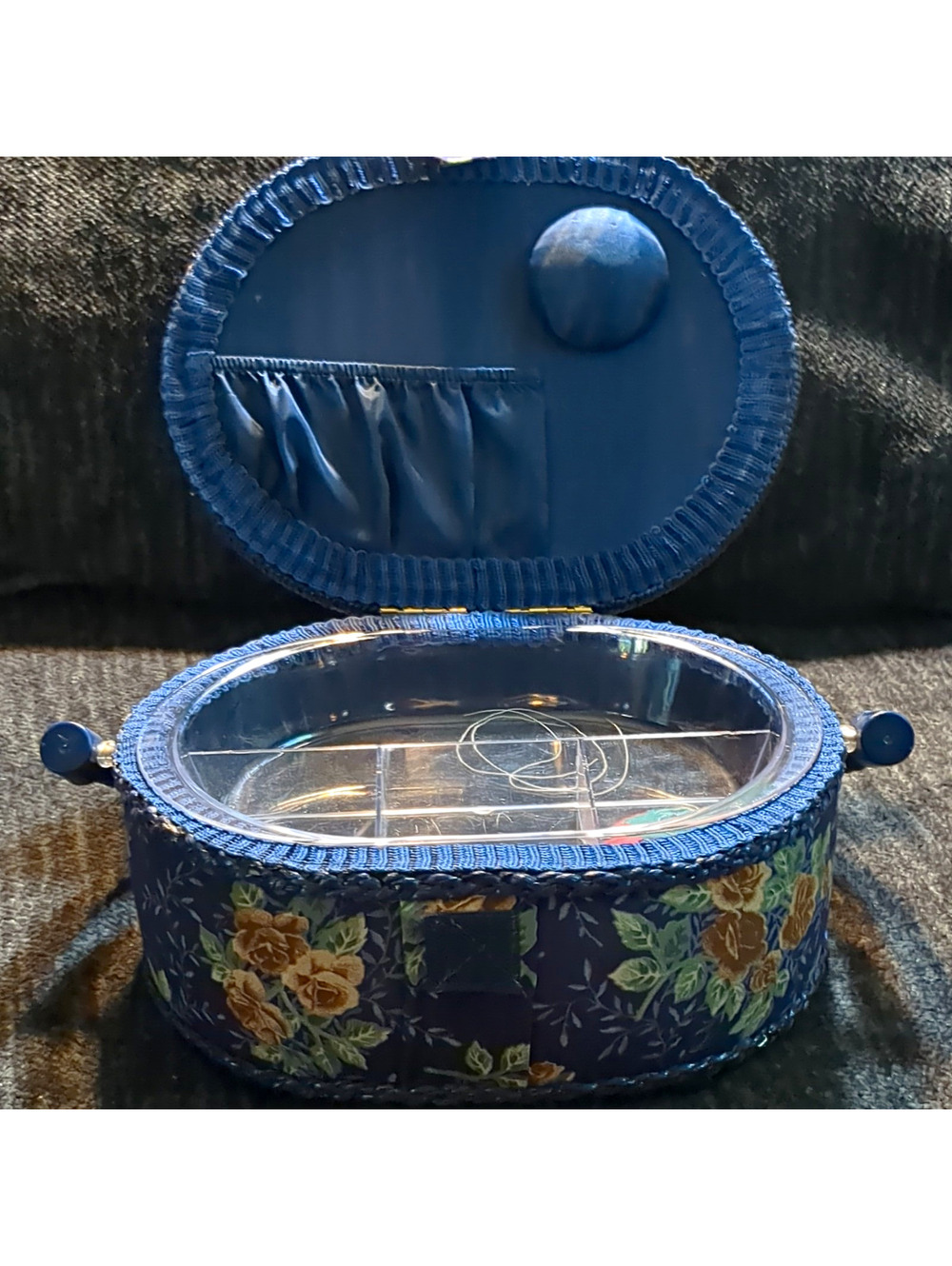 Vintage Blue Floral Sewing Basket Oval Organizer Box Clear Tray Philippines